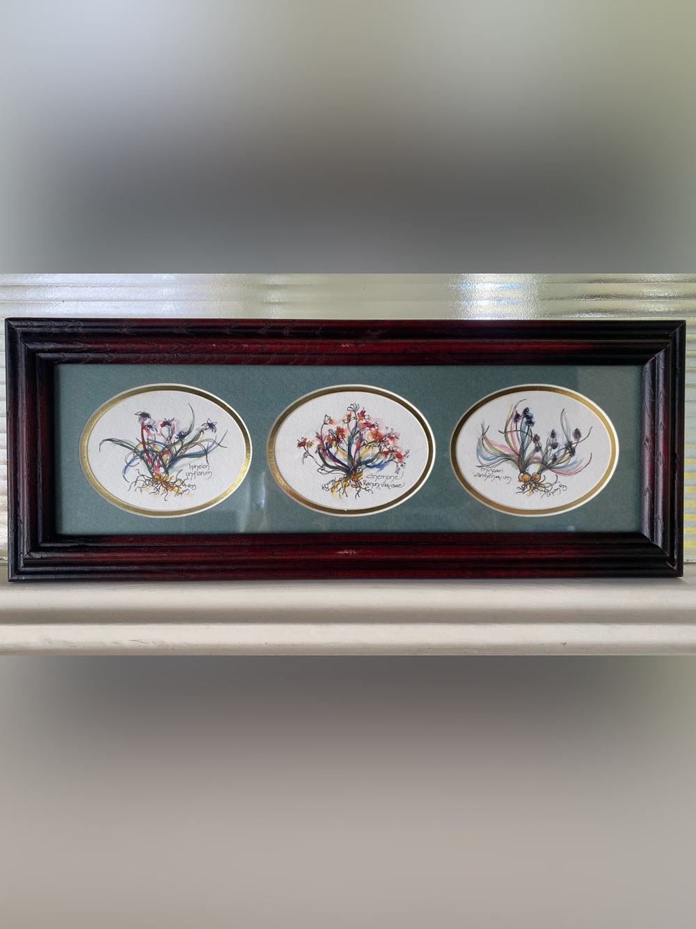 Vintage Hand Painted Floral Watercolor Art Green Mat, Gold Trim, Dark Wood Frame